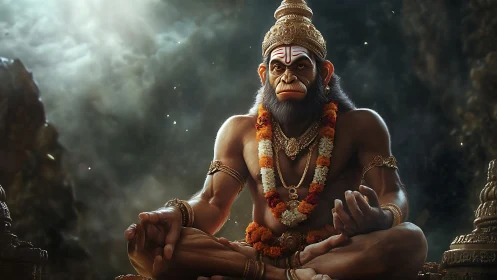 Divine monkey sage sits in radiant calm amid sacred ruins