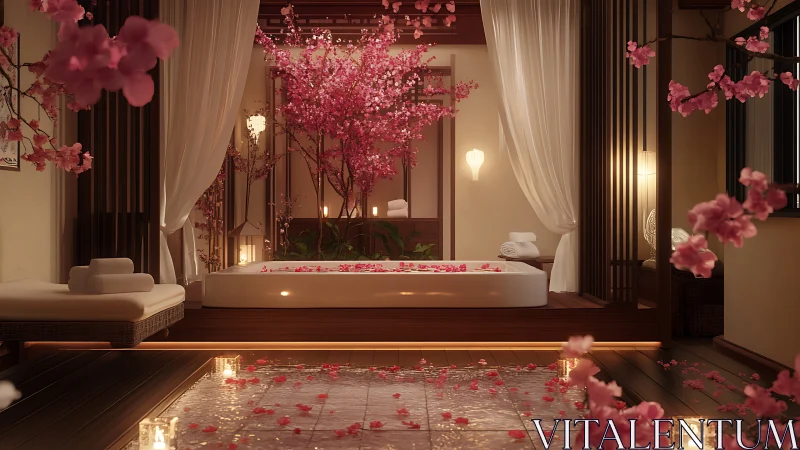Zen spa suite with sunken bath and blooming cherry blossoms