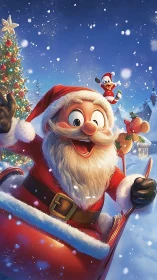 Santa rockets through snow while a tiny helper cartwheels joy