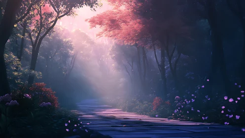 Luminescent Forest Stream Through Mist.