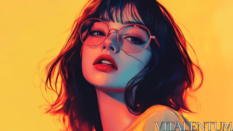 Bold digital portrait of woman in glasses on yellow.