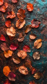 Rust-lit autumn leaves dancing across teal stone canvas.