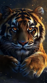 Gentle tiger gaze glowing softly in warm twilight calm.