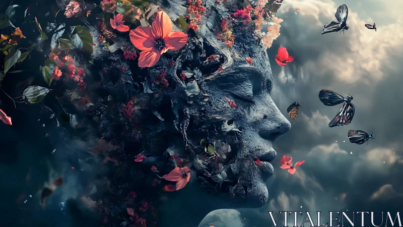 Surreal floral stone visage with butterflies in atmospheric cloudscape.