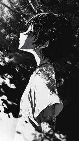 Solitary anime youth in dappled forest light silhouette.