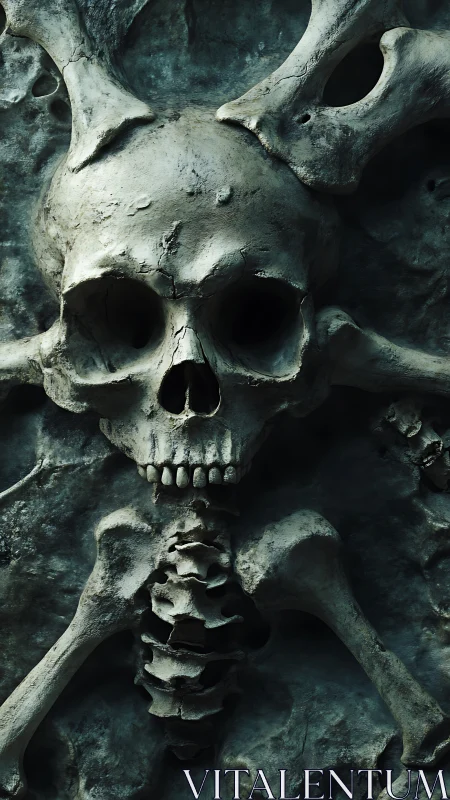 Weathered human skeleton relief carved into rough stone wall.