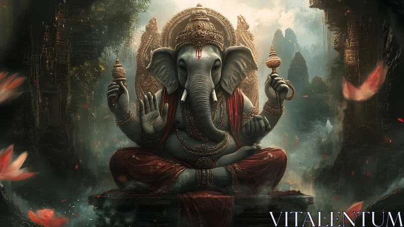 Elephant-headed deity statue sits centered in ornate temple