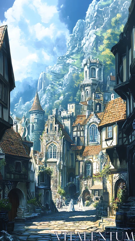 Medieval stone town street below terraced mountain citadel.