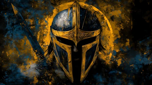 Golden-helmed warrior emerges from electric blue shadows