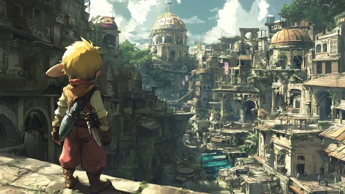 Young adventurer overlooking sprawling fantasy citadel.