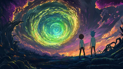 Two figures observe glowing green portal in alien sky