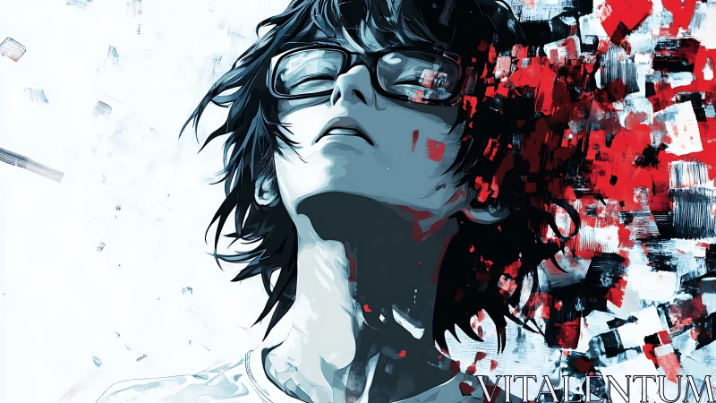 Shattered thoughts erupt in a storm of red digital fragments.