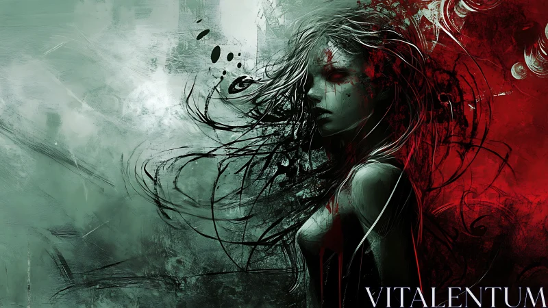 Bipolar digital portrait divides ethereal figure in red and teal