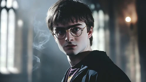 Young wizard in shadowed hall wrapped in drifting smoke.