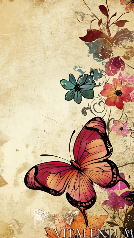 Butterfly pirouettes through grunge-kissed floral daydreams