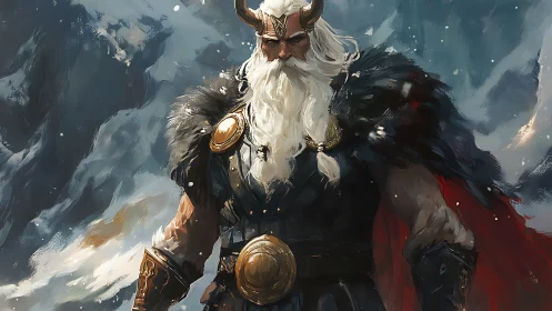 Storm-crowned Viking warlord strides through painted winter rage.