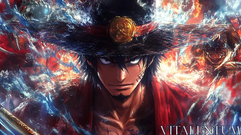 Fiery anime warrior faces storming water and blazing chaos.