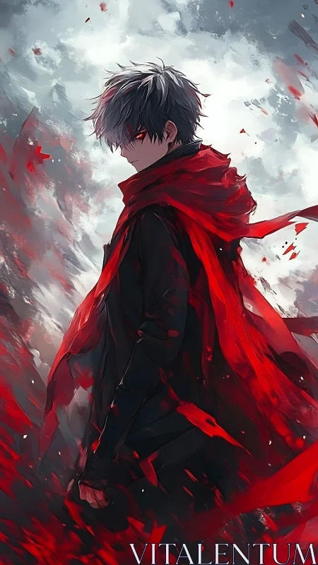 Red cloaked anime boy in storm of crimson shards.