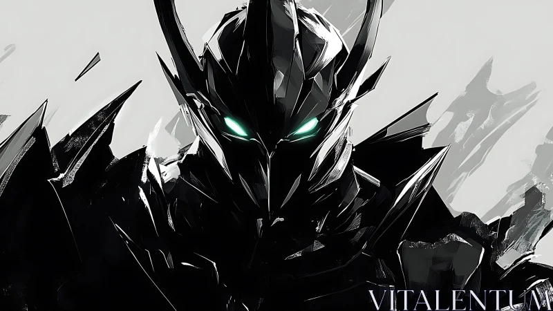 Digital painting of angular cyber knight with neon core.