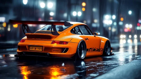 Orange widebody GT sports car idles on rain-soaked neon street