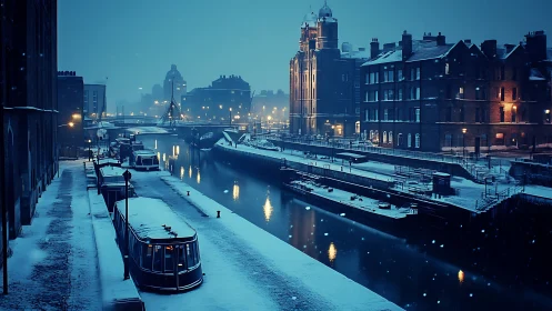 Snow-covered urban canal and quayside architecture at dusk.