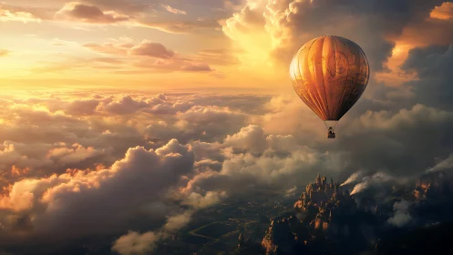 Hot air balloon glides above sunlit clouds over fantasy citadel