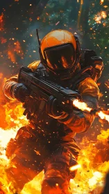 Armored Soldier in Reactive Environmental Inferno: Ballistic Gear Engulfed in Dynamic Flame Effects