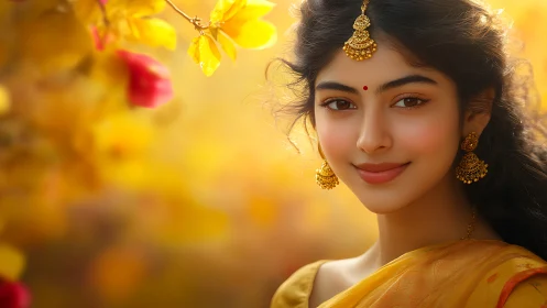 Golden-hour portrait of a smiling woman in traditional jewelry