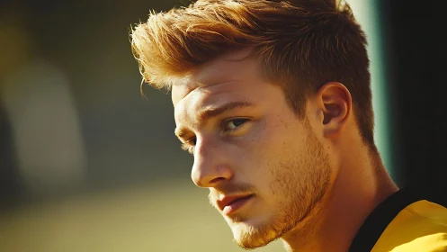Warm golden portrait of a thoughtful young man outdoors.