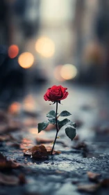 Moody shallow-focus rose study in urban bokeh environment.