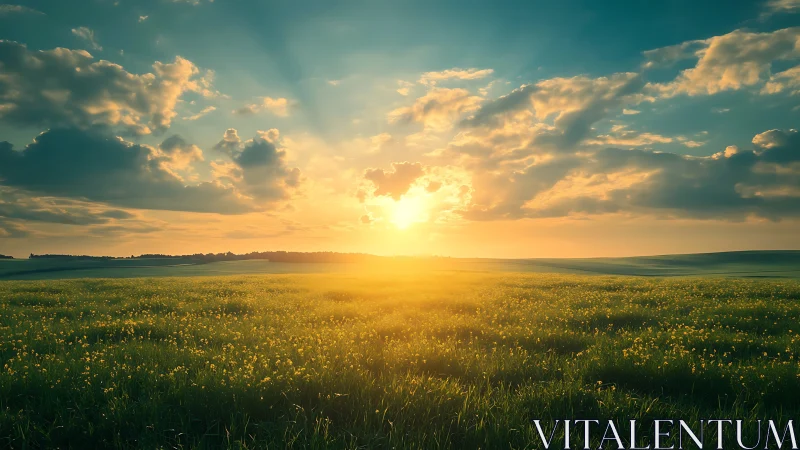 Sunlit meadow sunrise over wide green field horizon.