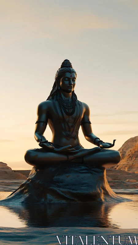 Serene sunset deity statue resting in tranquil waters.