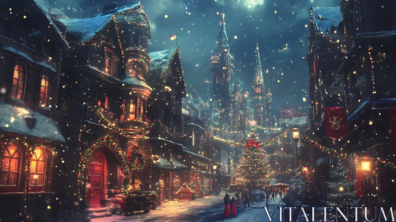 Digital painting of festive Gothic street with illuminated plaza.