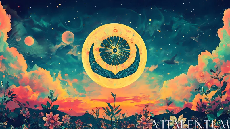 Luminous crescent sigil floats before stylized moons in chromatic sky