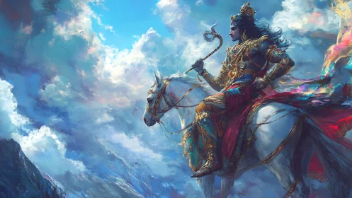 Warrior deity on white horse in vivid cloudy sky.