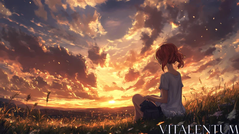 Solitary girl watching blazing sunset over wild meadow.