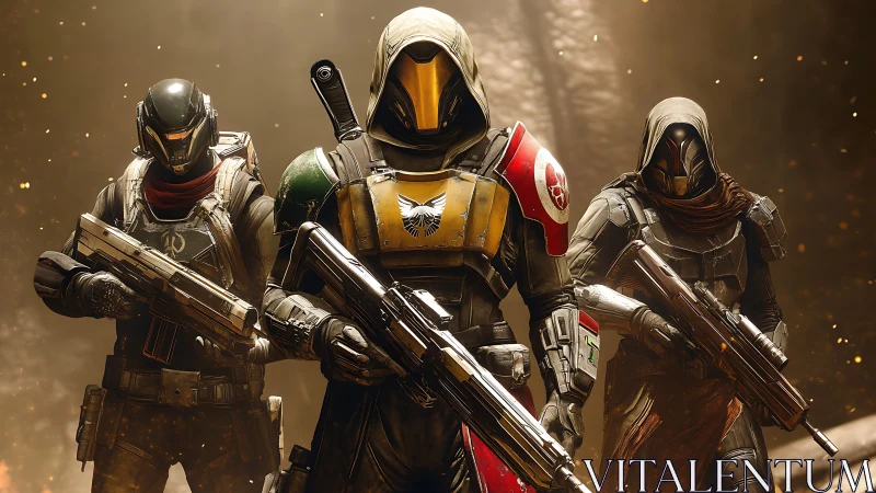 Armored sci fi soldiers with rifles in illuminated corridor.