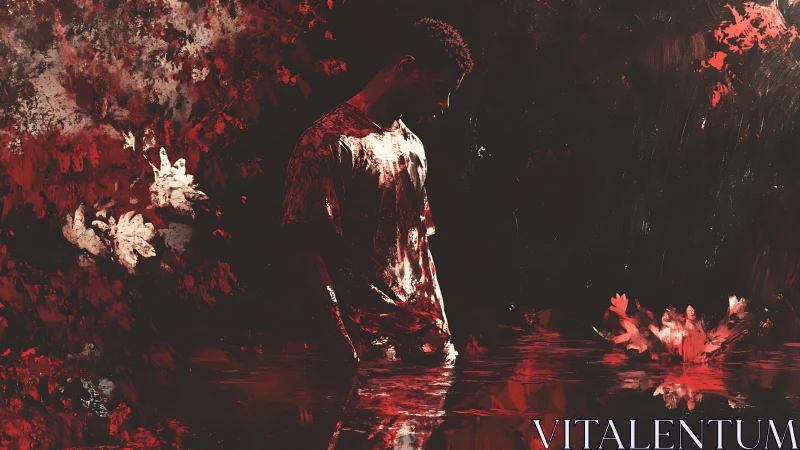 Solitary figure immersed in crimson abstract woodland reflections.
