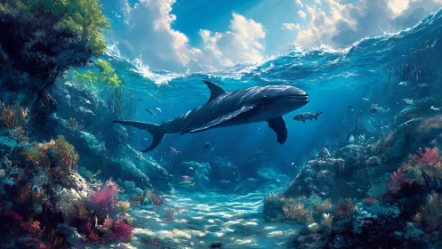 Gentle whale glides through a sunlit coral kingdom below