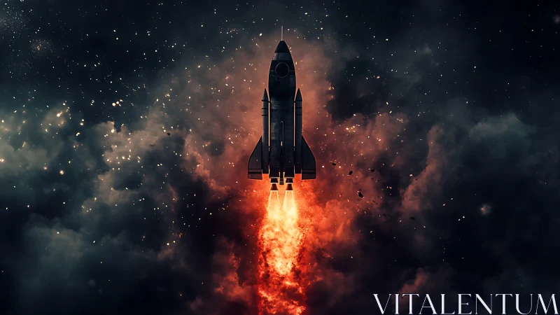 Retro rocket pierces burning nebula with blazing thrust.