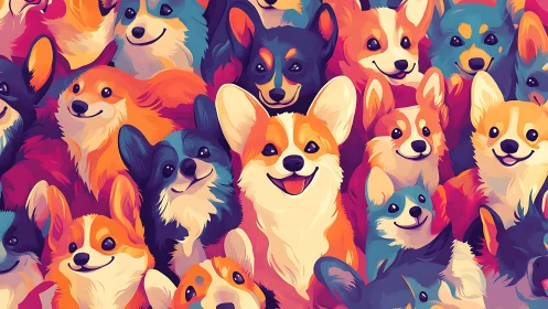 Joyful corgi crowd beams with playful color and charm