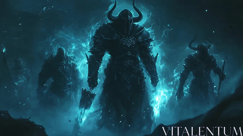 Midnight horned warriors rising from crackling blue storm.
