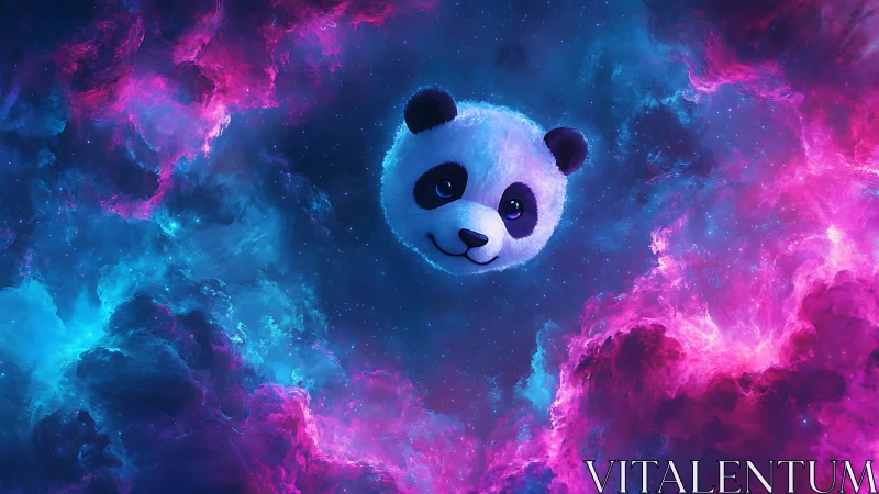 Panda-shaped digital object is centered within neon space nebula