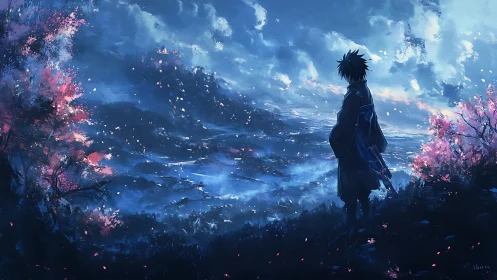 Lone wanderer beneath stormy skies and glowing blossoms.