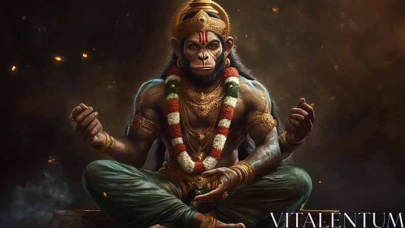 Divine monkey warrior in meditative gold-lit stillness.