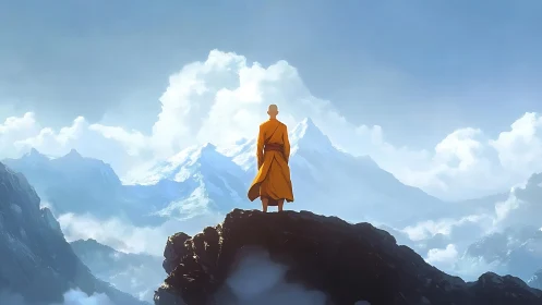 Monk in saffron robes surveys atmospheric high mountain range