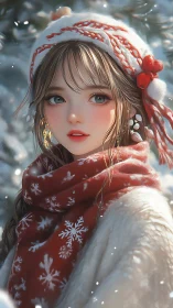 Winter girl in red snowflake scarf amid softly falling snow.
