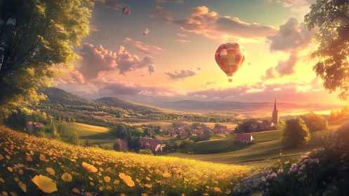 Pastel balloon drifting above golden valley evening glow.
