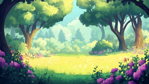 Forest glade with meadow, large trees, and flowering vegetation