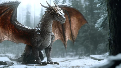 High-detail winged dragon rendered in snowy forest environment